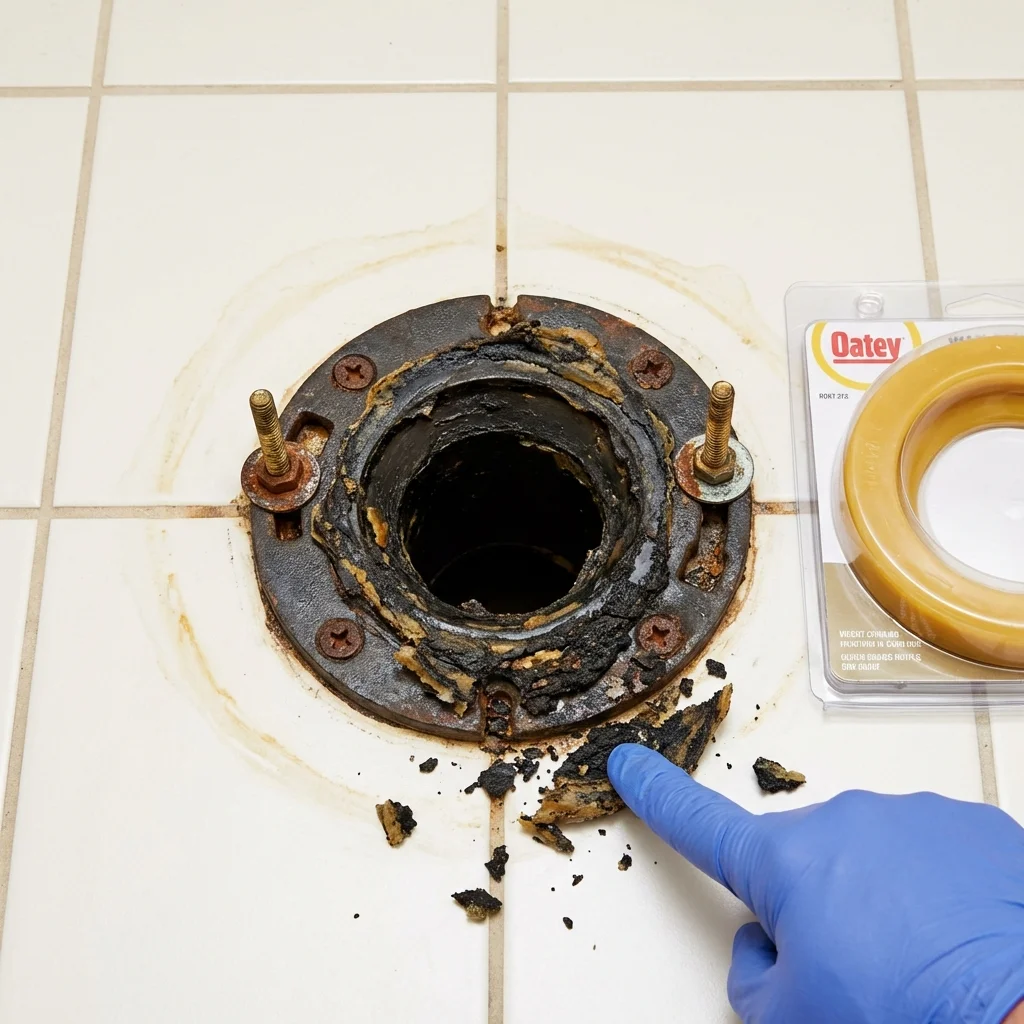 Failed wax ring showing water seepage at the base of a toilet in a Oakland, TN home