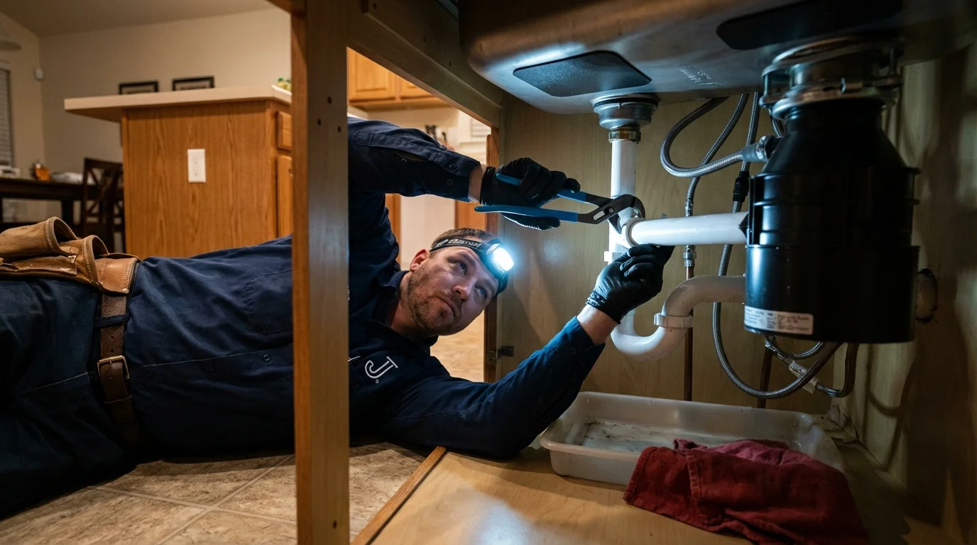 P-trap and supply line connections under a kitchen sink showing a common leak point in Oakland, TN